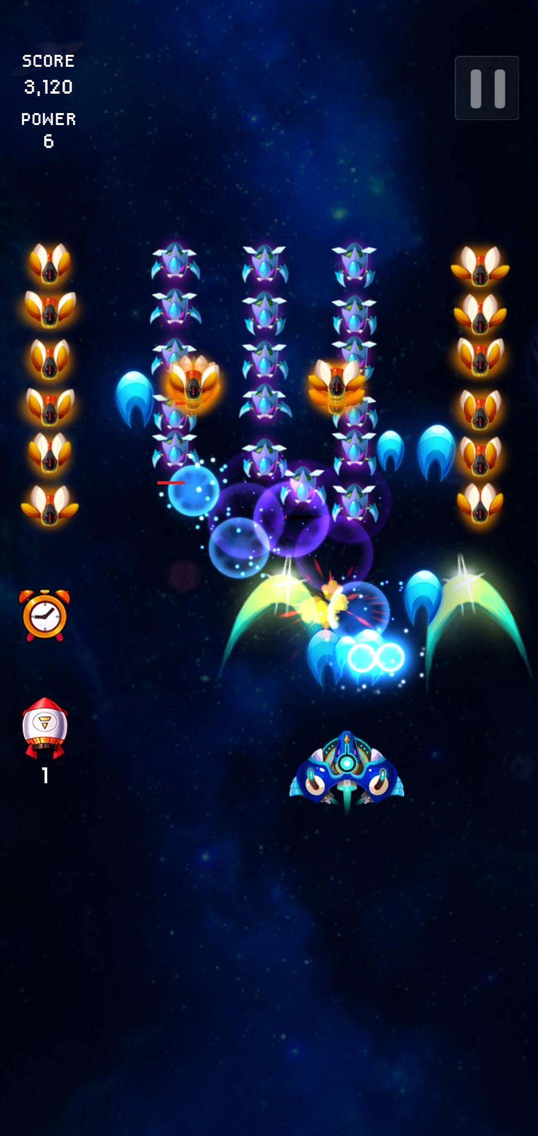 Purple and orange enemies surrounding a blue Space Hunter fighter