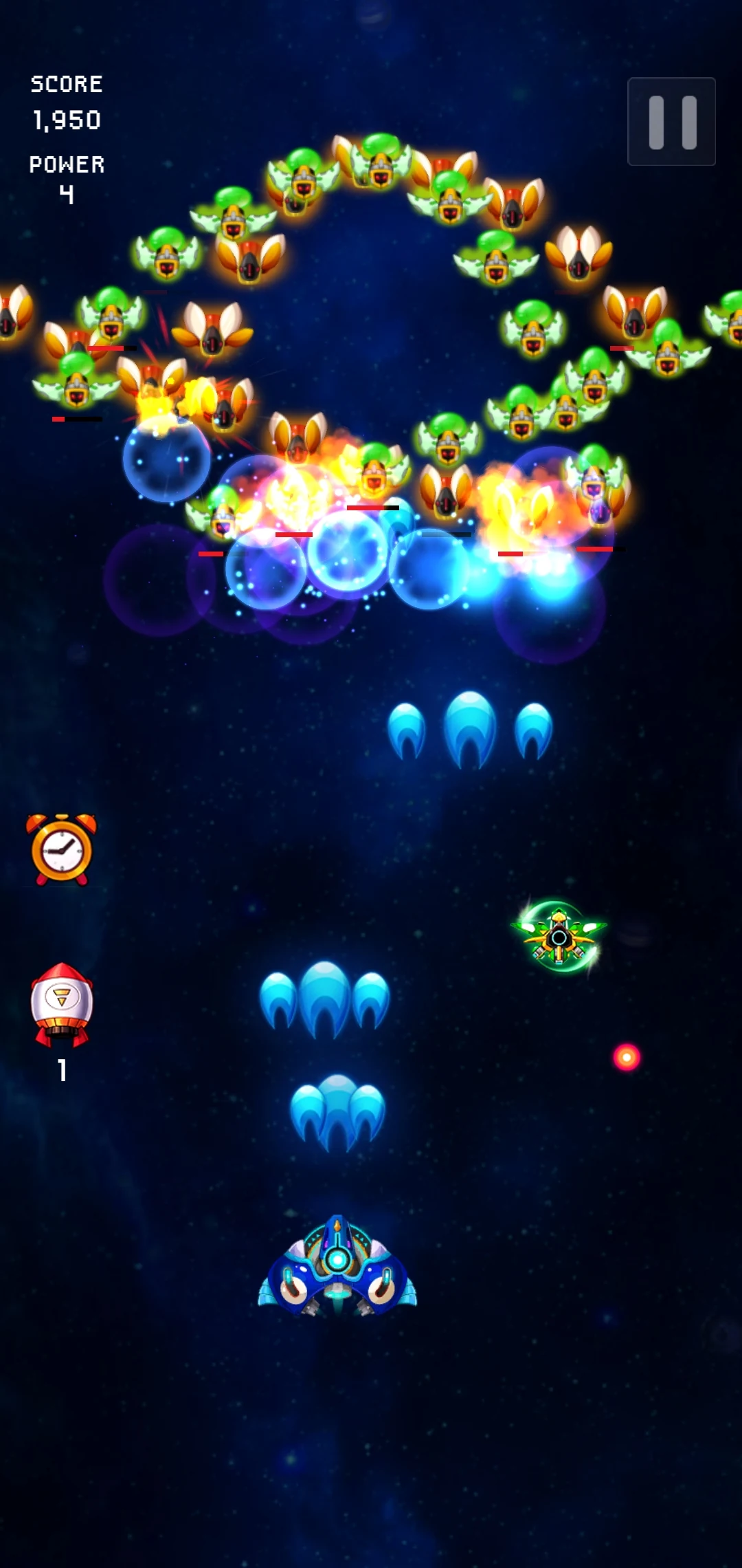 A blue fighter and Wing Ship attacking an enemy formation